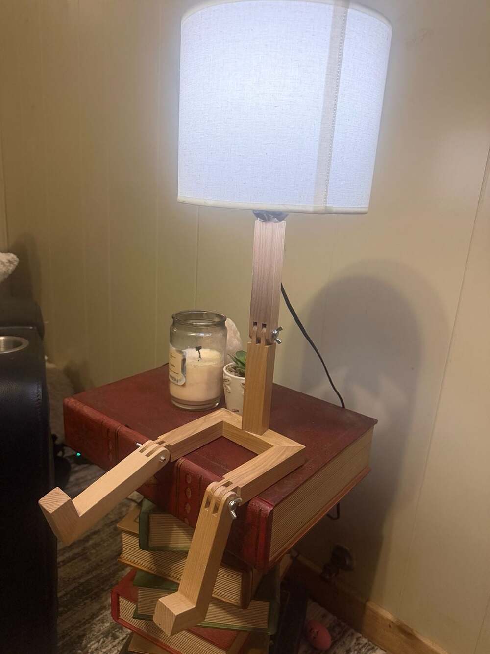 Movable Wooden Robot Figure Table Lamp with White Fabric Shade